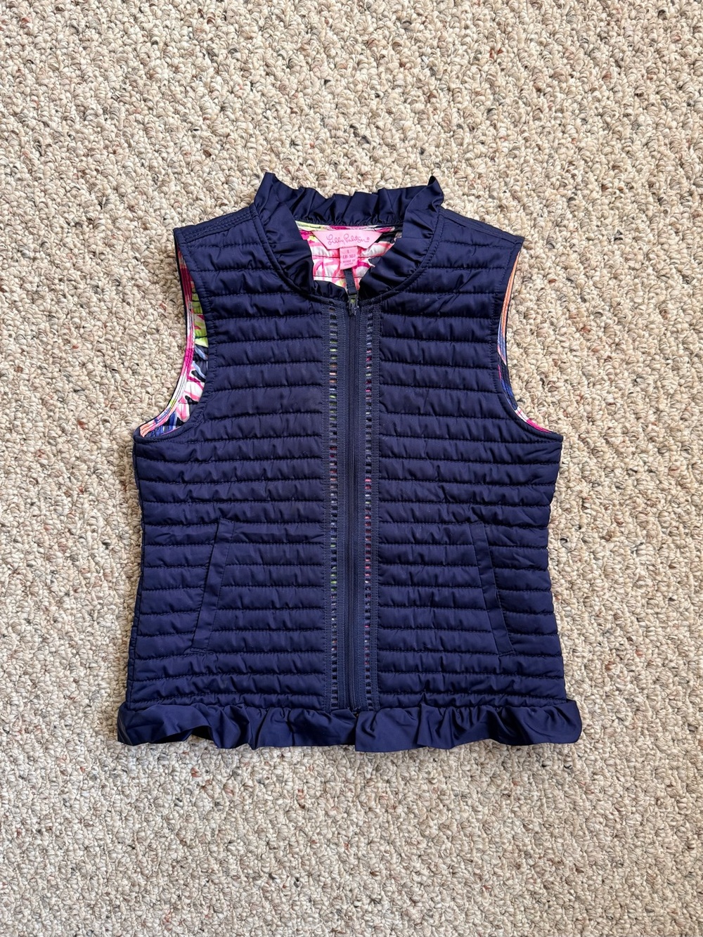 Lilly Pulitzer Girls Levie Navy Quilted Ruffle Puffer Vest | L 8-10